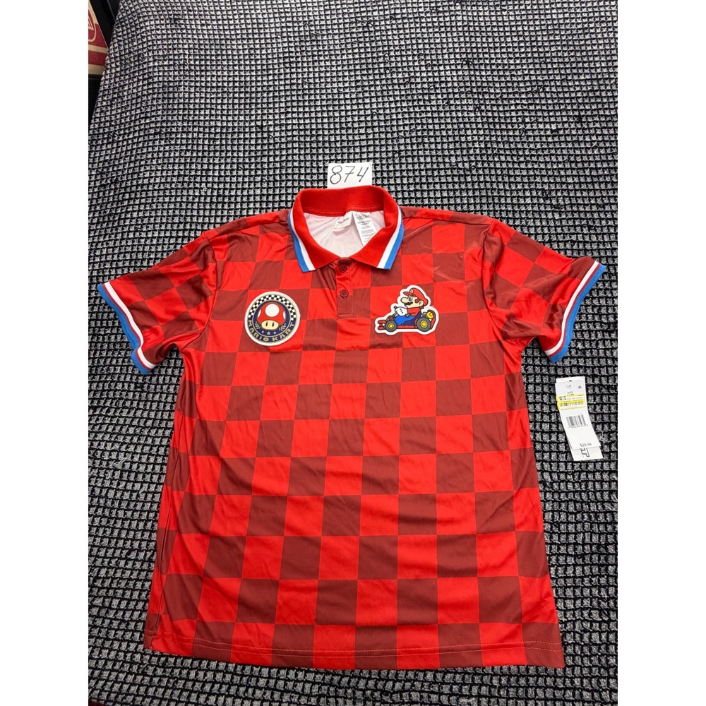 Mario Kart Polo Shirt Boys XS Red Checkered NWT Embroidered Patches Z874